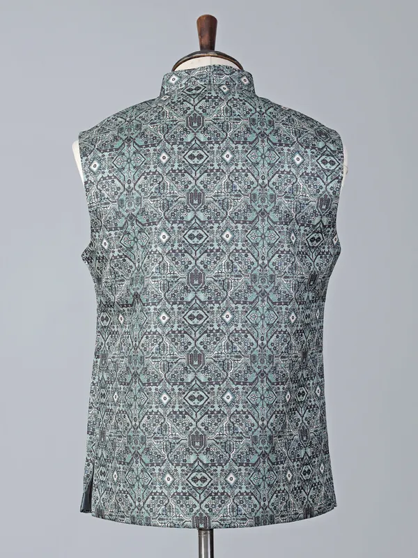 Blue designer button printed cotton silk waistcoat