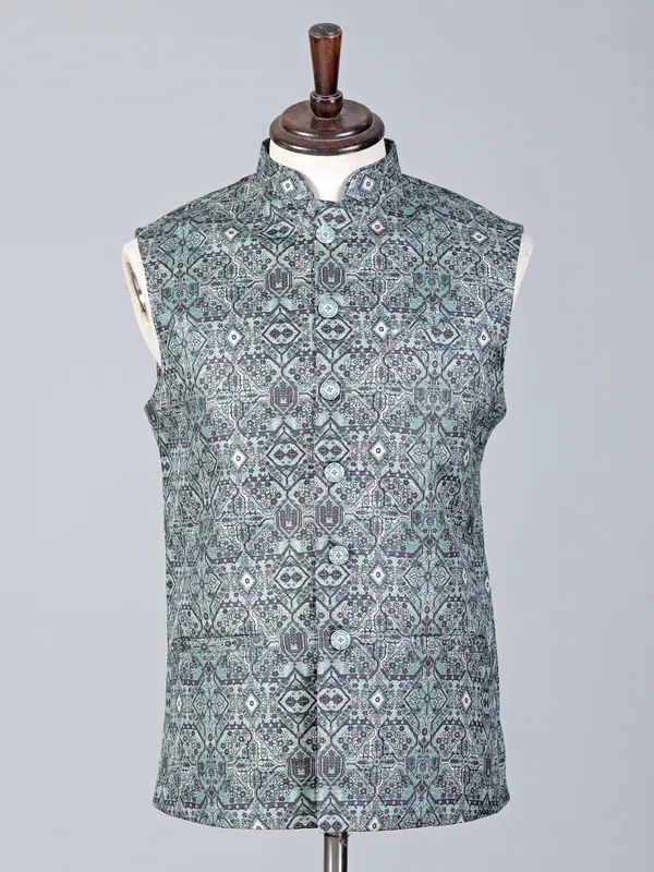 Blue designer button printed cotton silk waistcoat