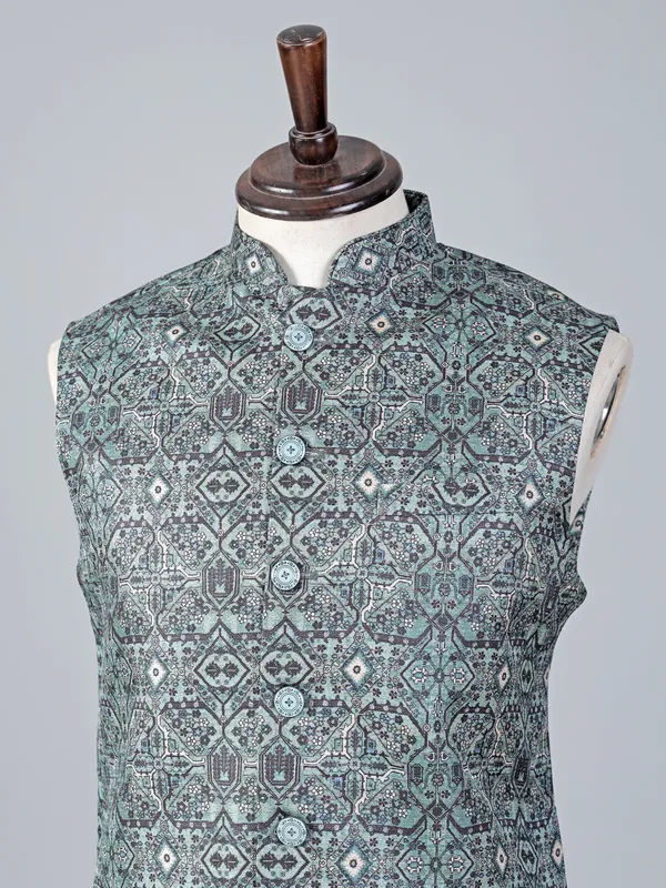 Blue designer button printed cotton silk waistcoat
