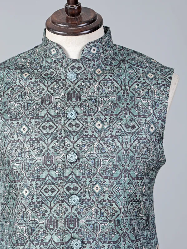 Blue designer button printed cotton silk waistcoat