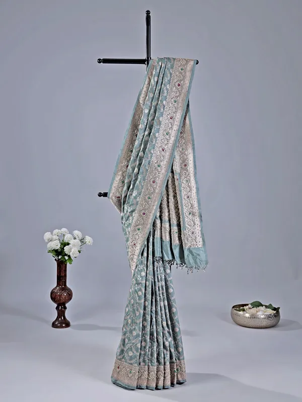 Blue designer silk saree with zari detailing