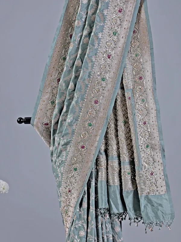 Blue designer silk saree with zari detailing