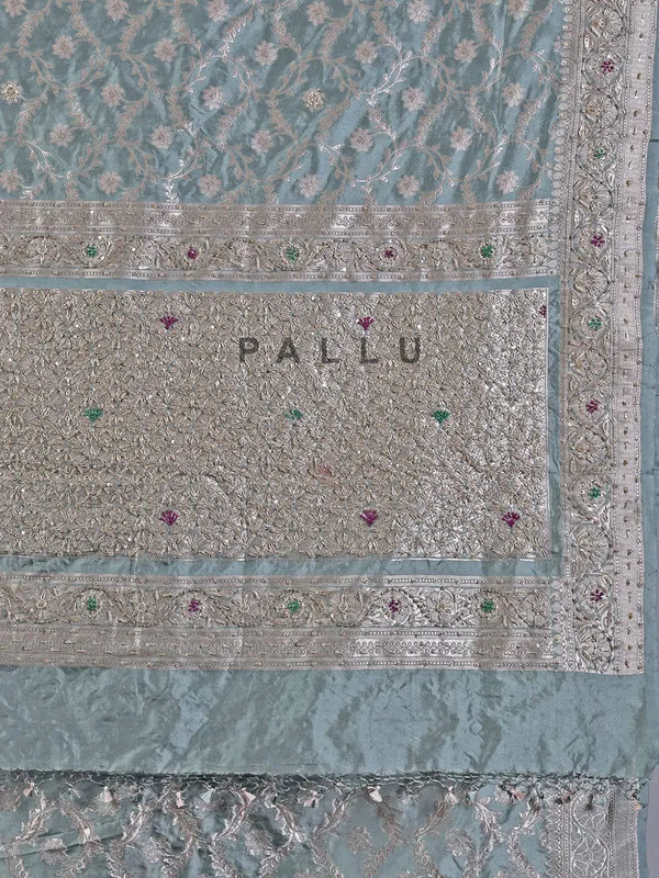 Blue designer silk saree with zari detailing