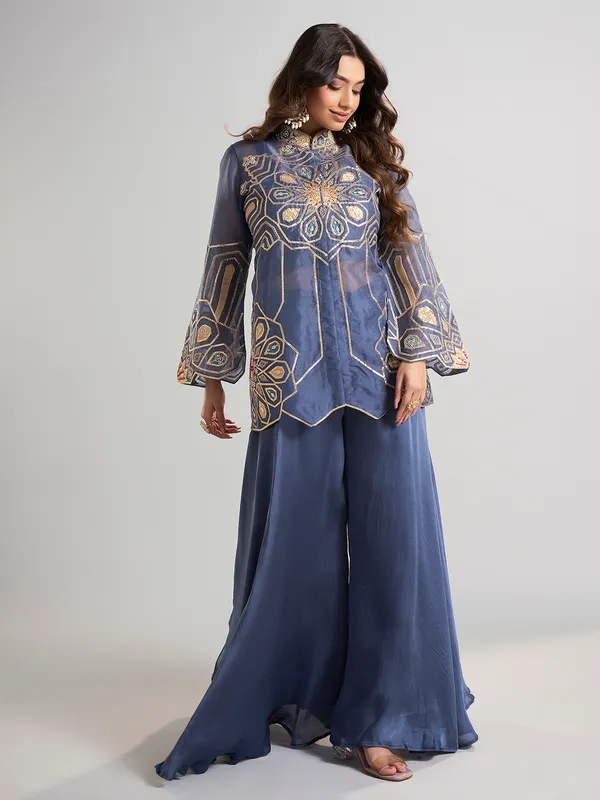 Blue designer tissue and satin silk palazzo suit for wedding