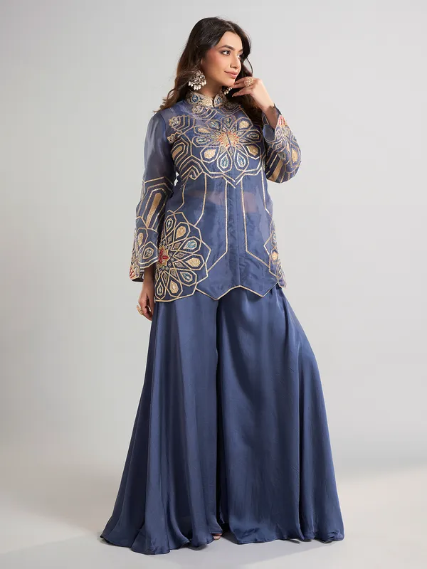 Blue designer tissue and satin silk palazzo suit for wedding
