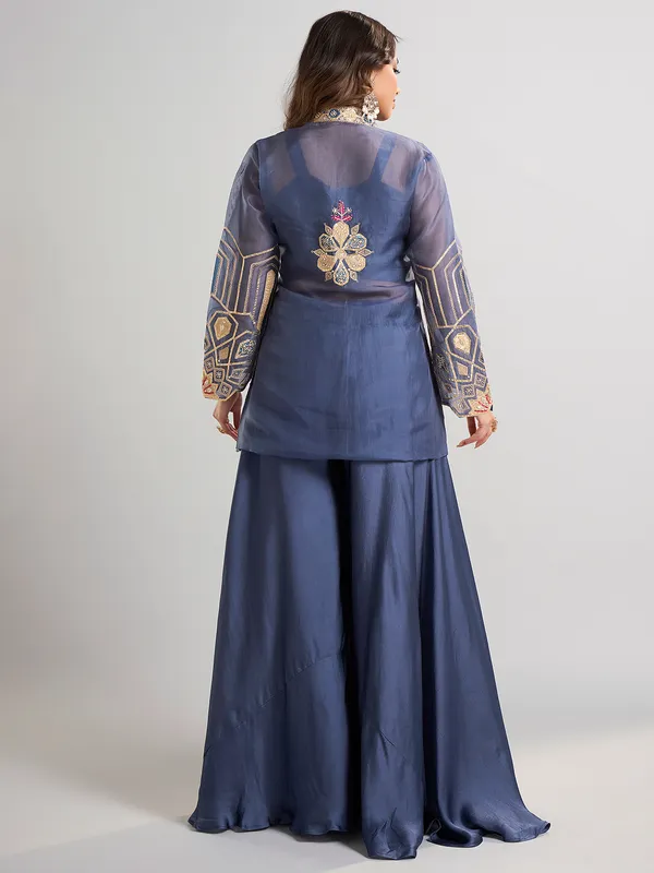 Blue designer tissue and satin silk palazzo suit for wedding