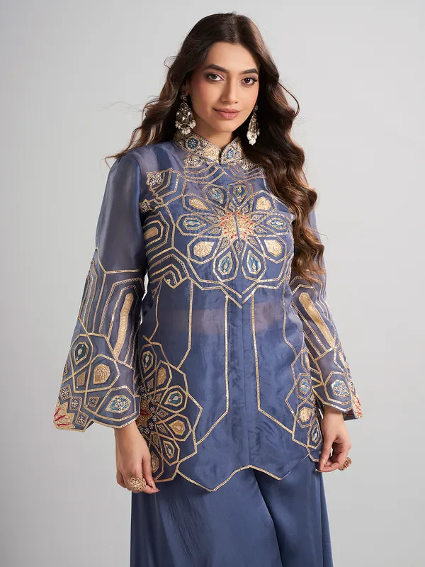 Blue designer tissue and satin silk palazzo suit for wedding
