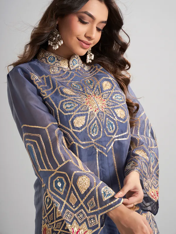Blue designer tissue and satin silk palazzo suit for wedding