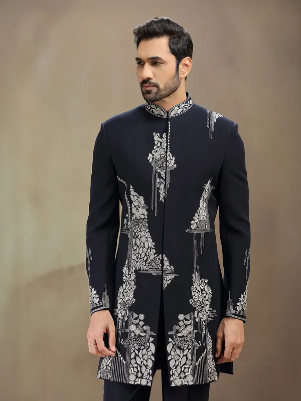 Blue embroidered indowestern set in terry rayon