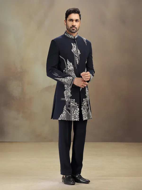 Blue embroidered indowestern set in terry rayon
