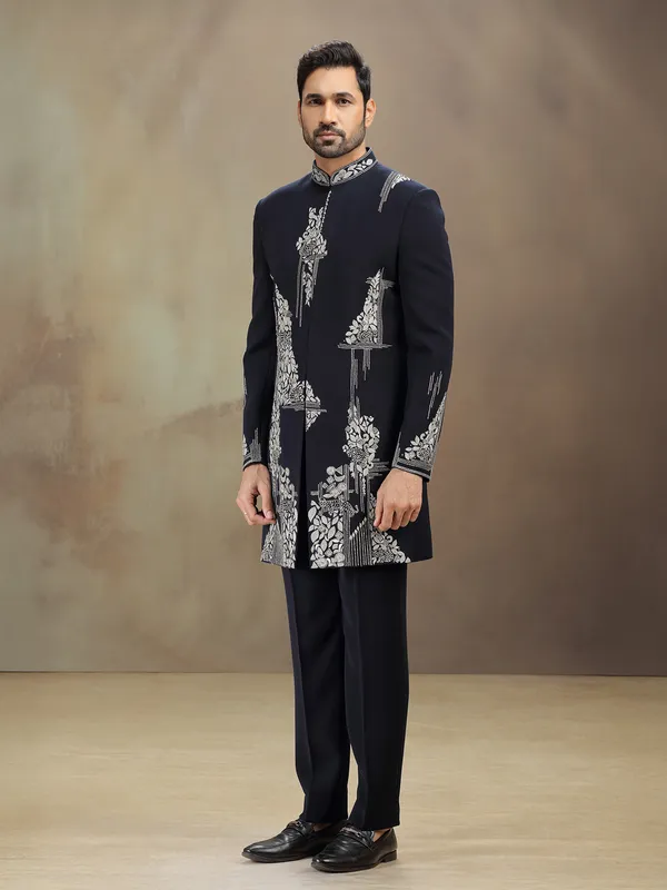 Blue embroidered indowestern set in terry rayon