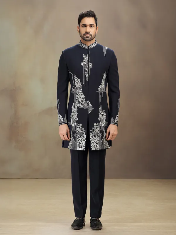Blue embroidered indowestern set in terry rayon