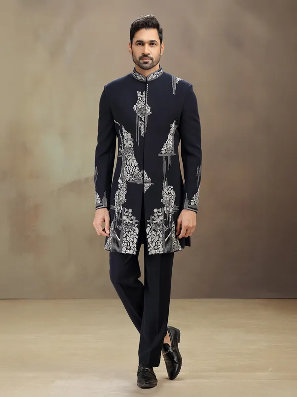 Blue embroidered indowestern set in terry rayon