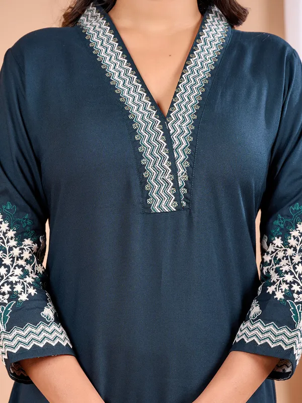 Blue embroidery casual kurti in silk