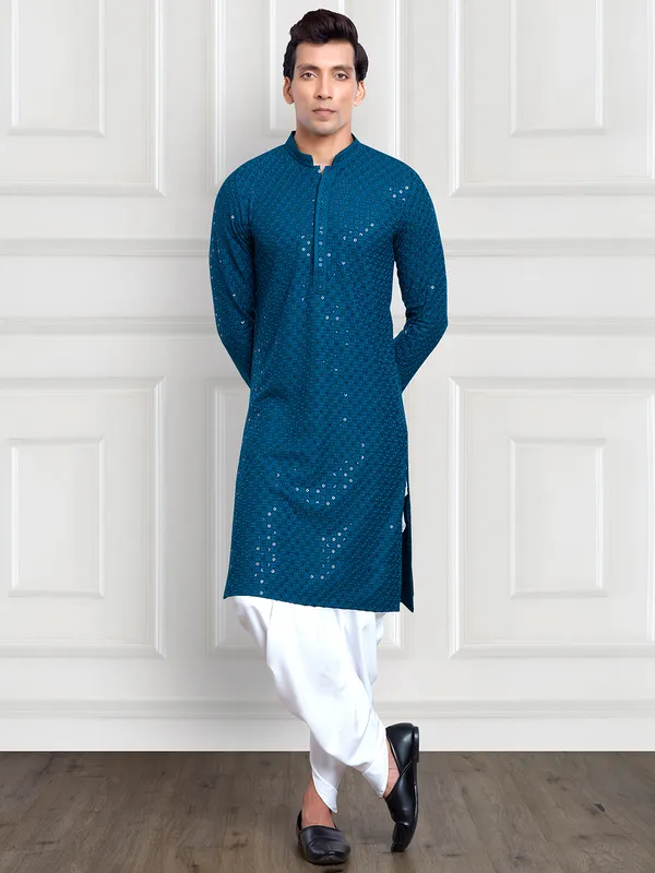 Blue embroidery  Men Kurta pajama for festive