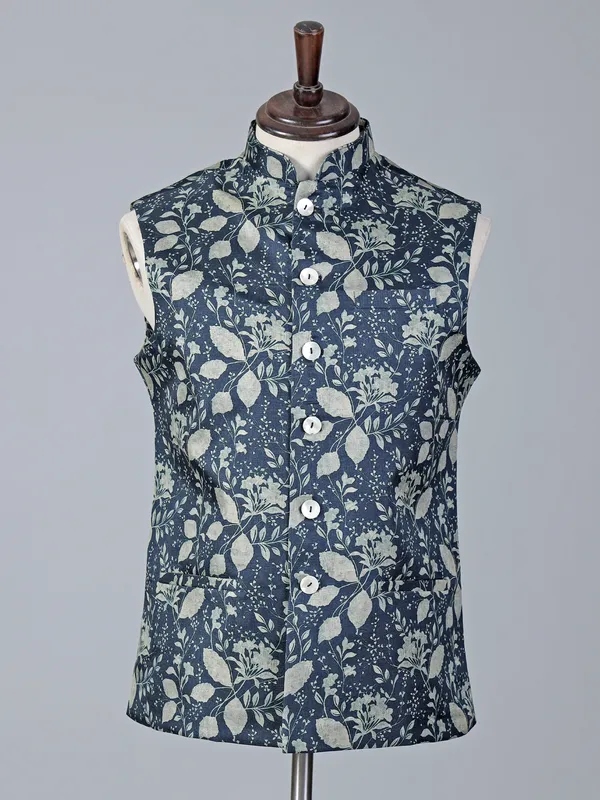 Blue festive printed cotton silk waistcoat