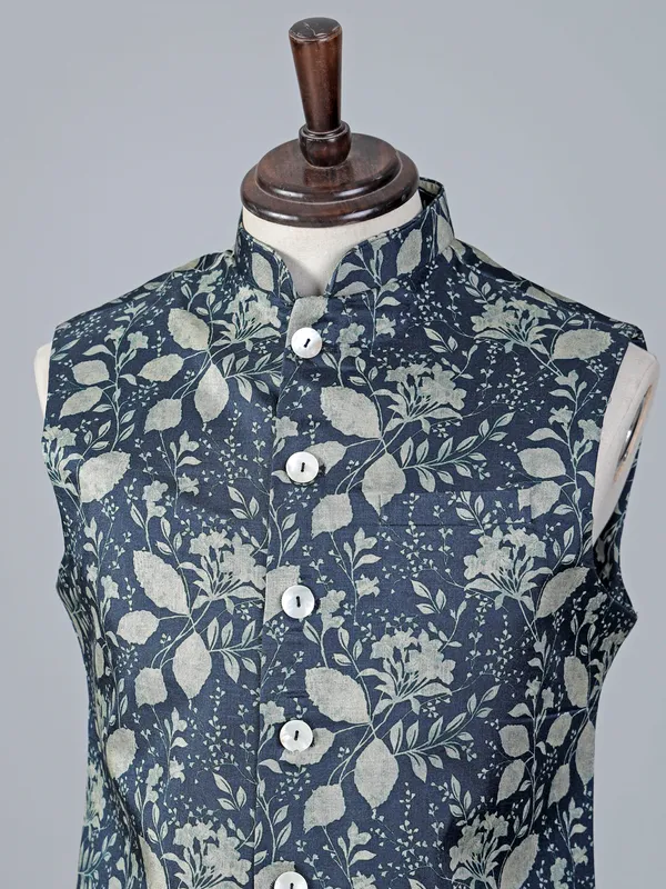 Blue festive printed cotton silk waistcoat