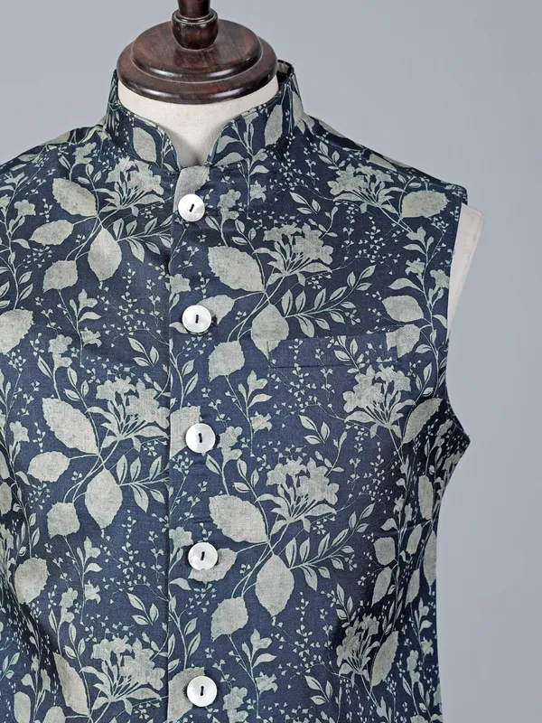 Blue festive printed cotton silk waistcoat