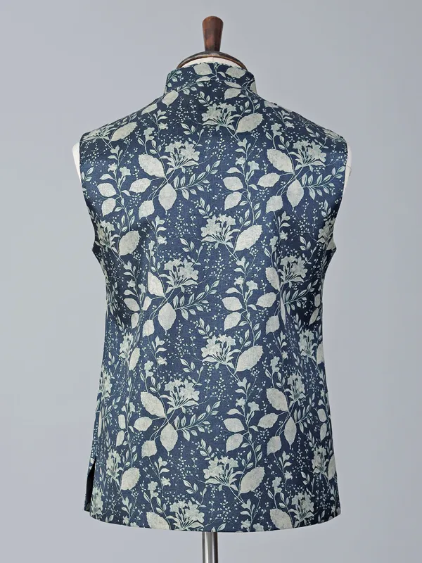 Blue festive printed cotton silk waistcoat
