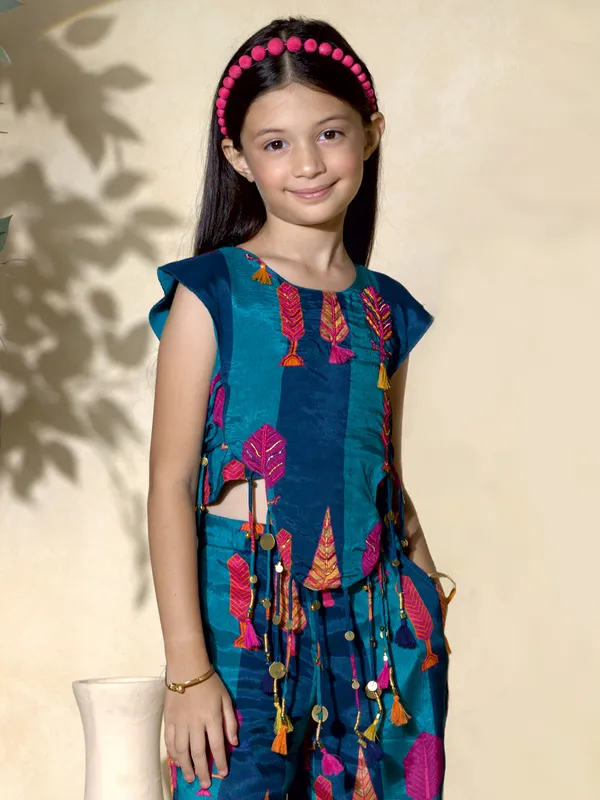 Blue festive printed silk palazzo co-ord set for girls