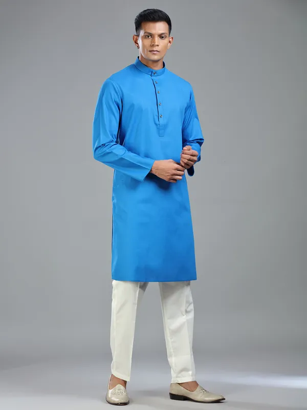 Blue festive ready kurta suit in fine cotton for men
