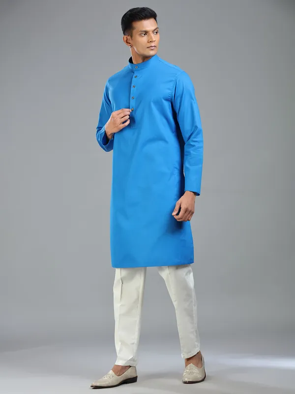 Blue festive ready kurta suit in fine cotton for men