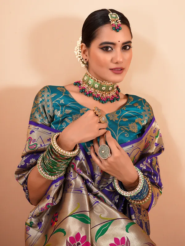 Blue festive wear paithani silk saree