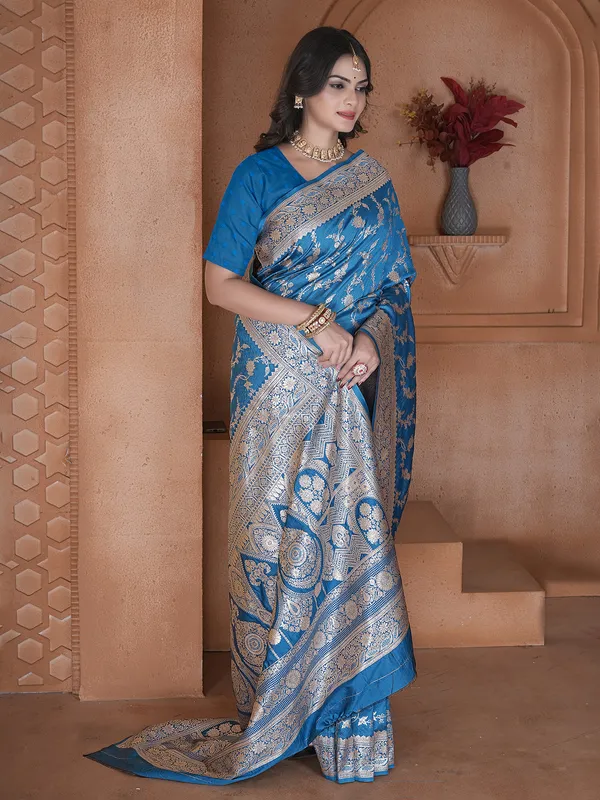 Blue festive wear saree in soft silk
