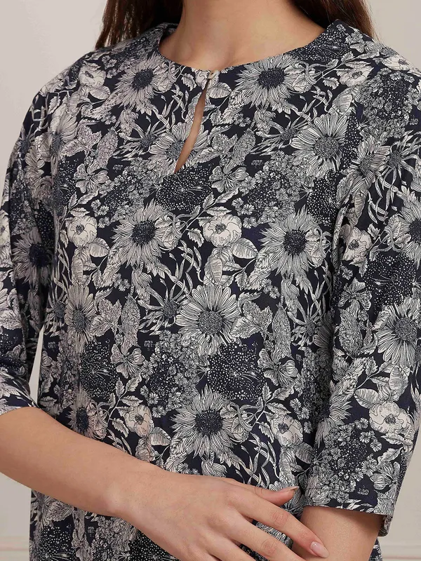 Blue floral printed cotton silk kurti