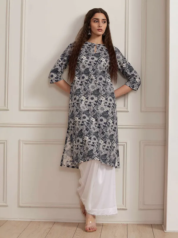 Blue floral printed cotton silk kurti