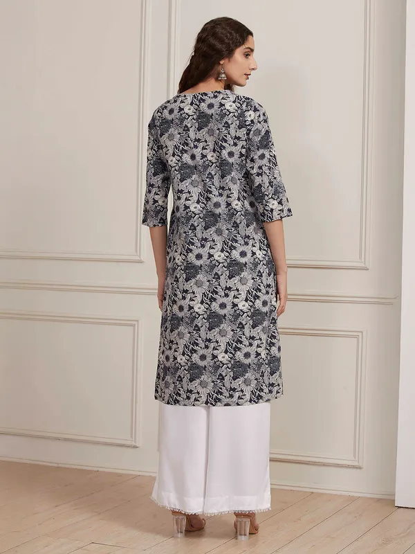 Blue floral printed cotton silk kurti