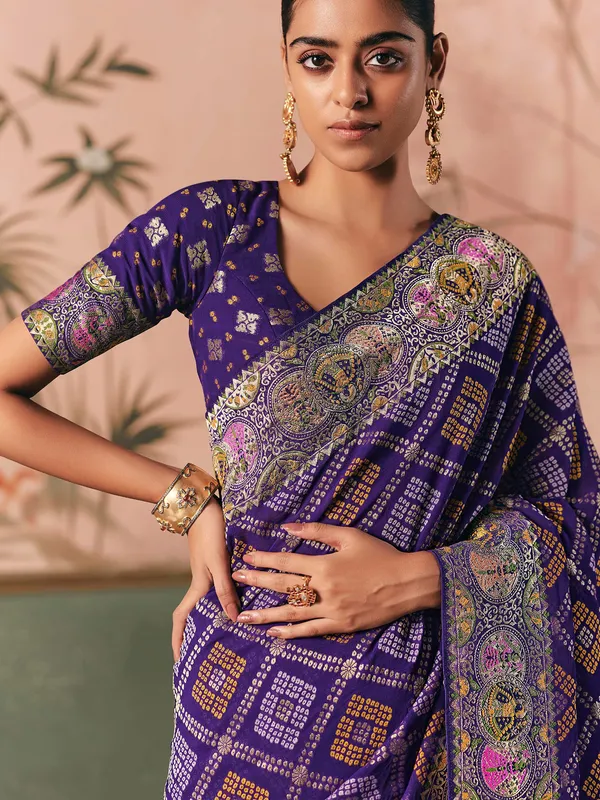 Blue georgette bandhej zari woven festive saree