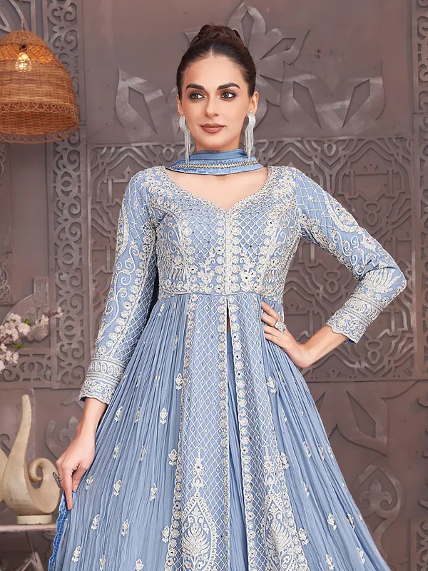 Blue georgette lehenga suit with dupatta for women