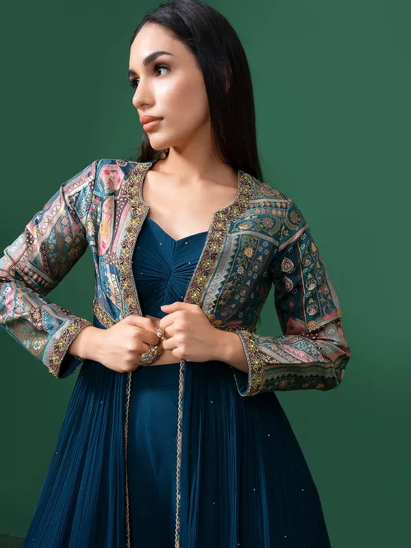 Blue georgette long jacket style palazzo suit
