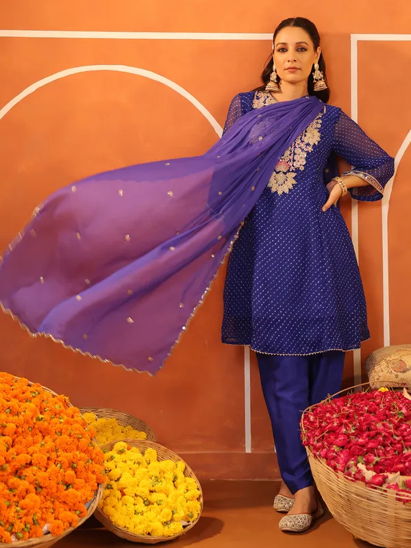 Blue georgette printed kurti set with dupatta
