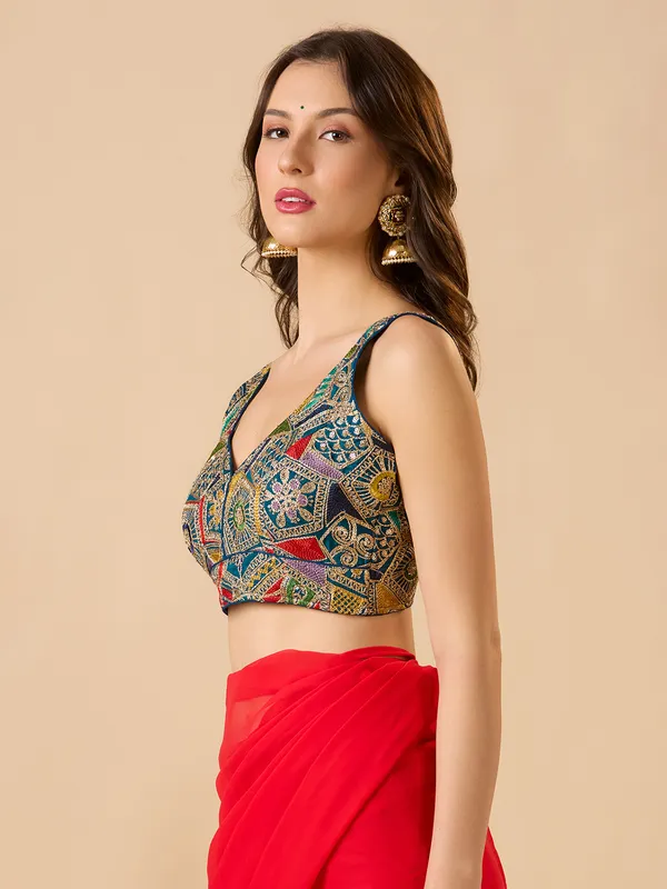 Blue georgette ready made blouse with sweetheart neck