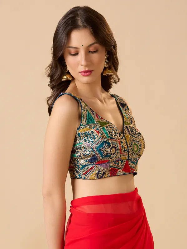 Blue georgette ready made blouse with sweetheart neck