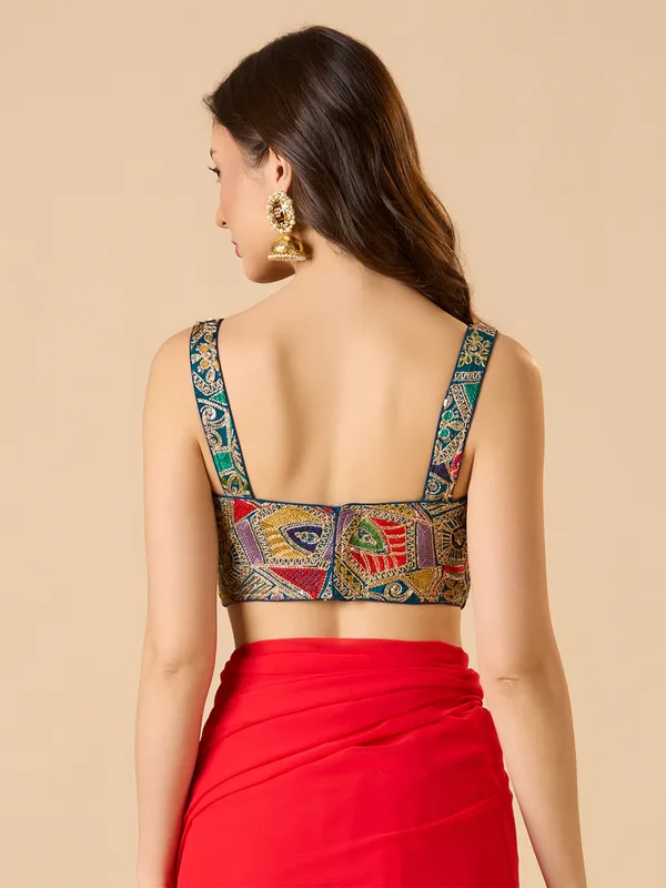 Blue georgette ready made blouse with sweetheart neck
