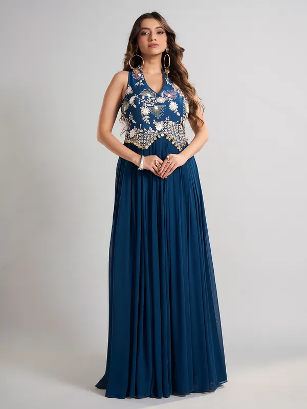Blue georgette silk embellished floor length suit