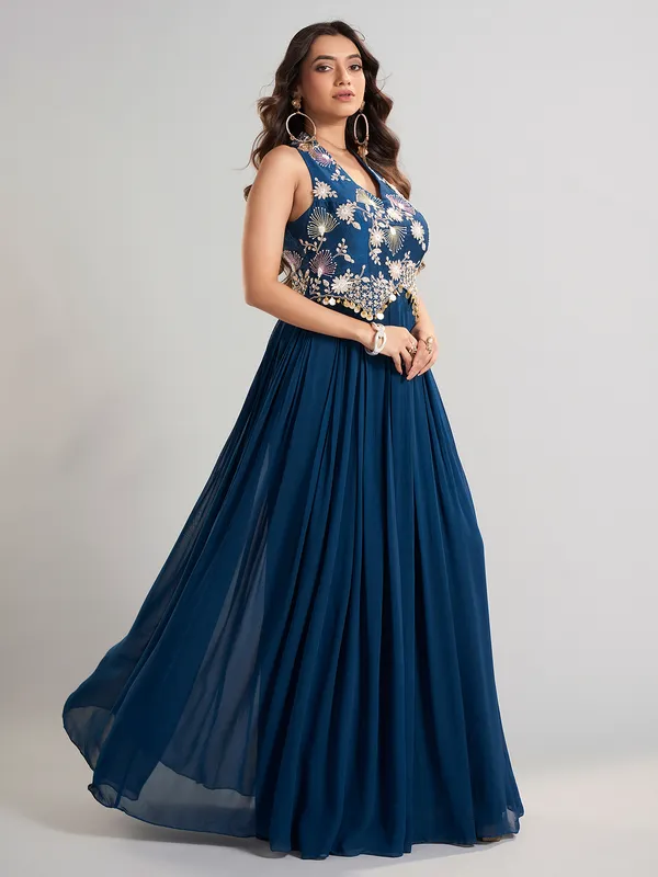 Blue georgette silk embellished floor length suit