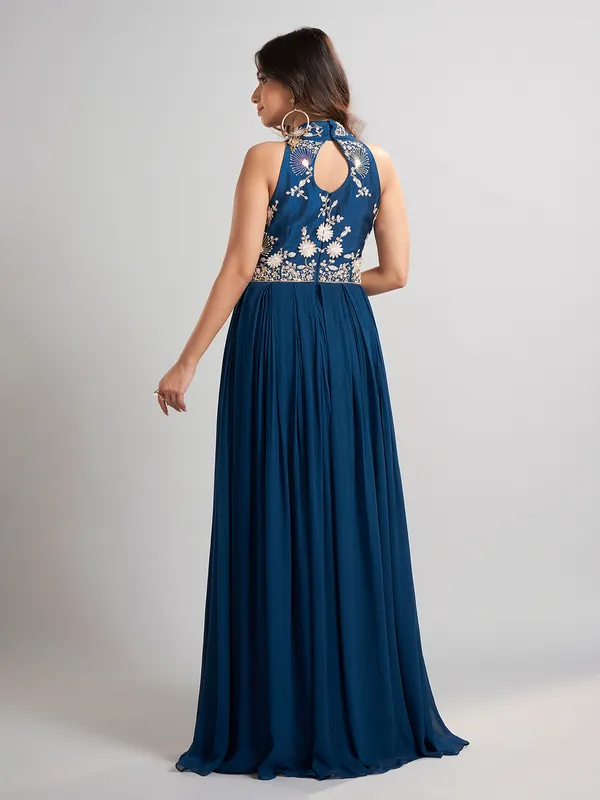 Blue georgette silk embellished floor length suit