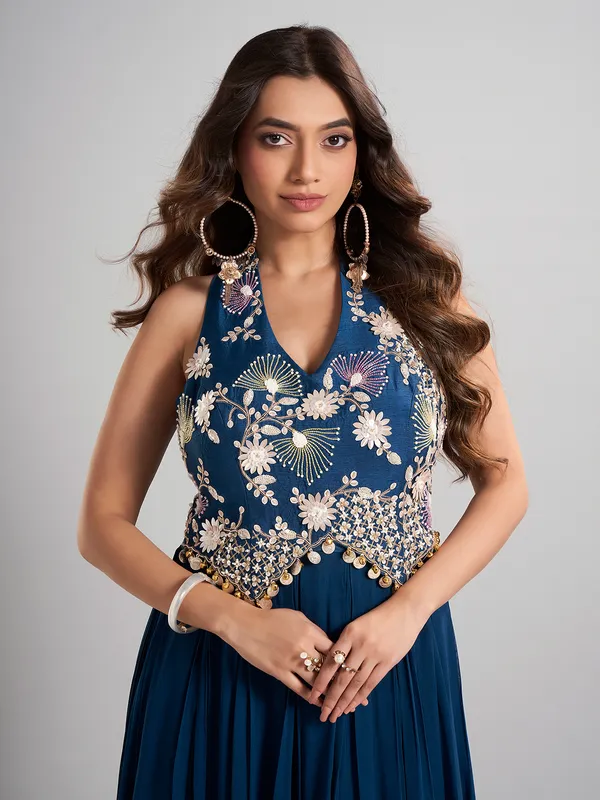 Blue georgette silk embellished floor length suit