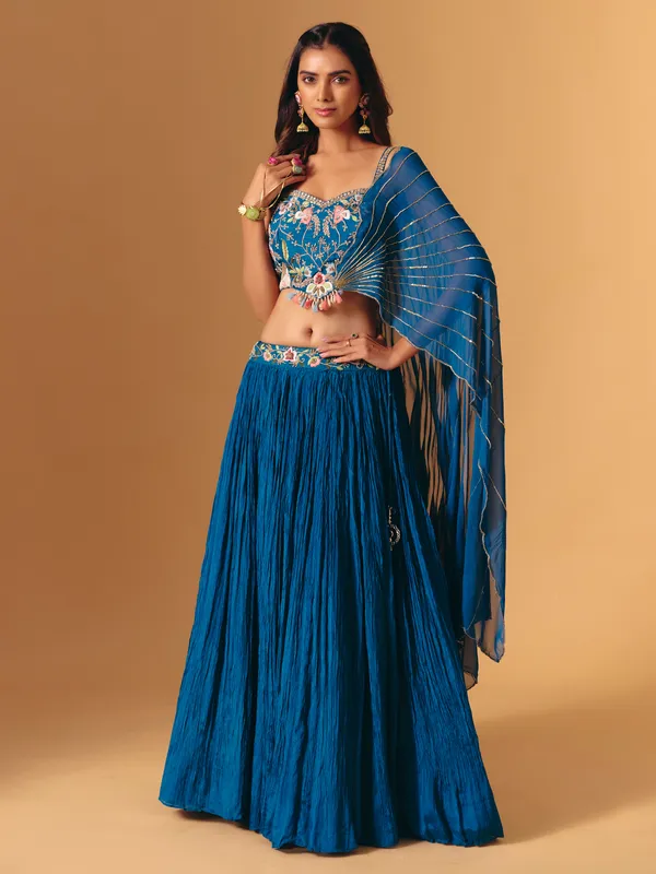 Blue georgette thread work sleeveless designer lehenga choli