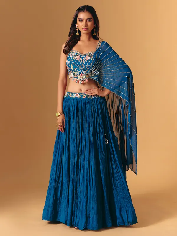 Blue georgette thread work sleeveless designer lehenga choli