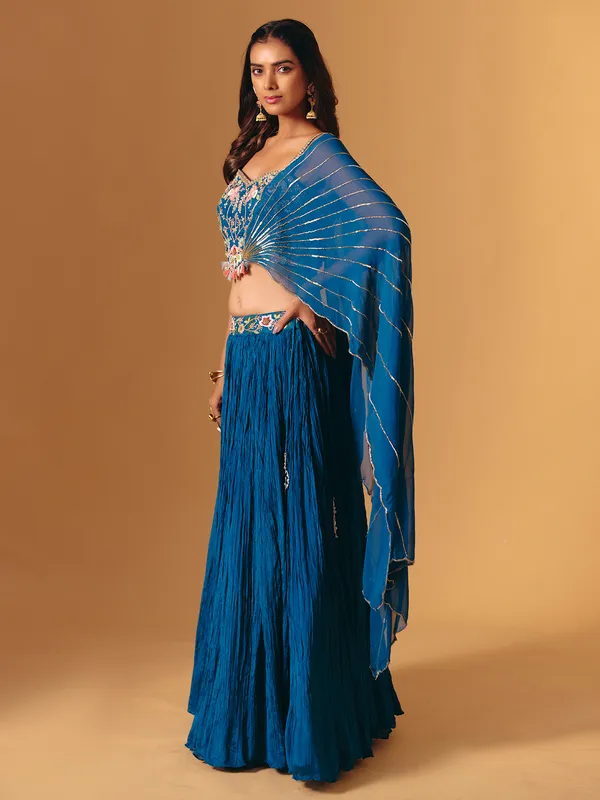 Blue georgette thread work sleeveless designer lehenga choli