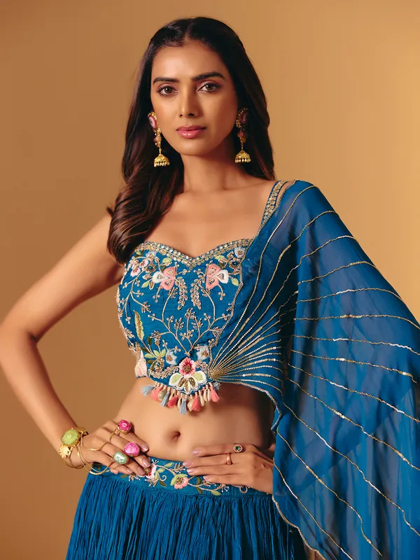 Blue georgette thread work sleeveless designer lehenga choli