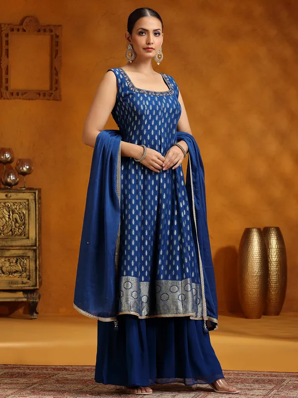 Blue georgette zari weaving palazzo suit with dupatta