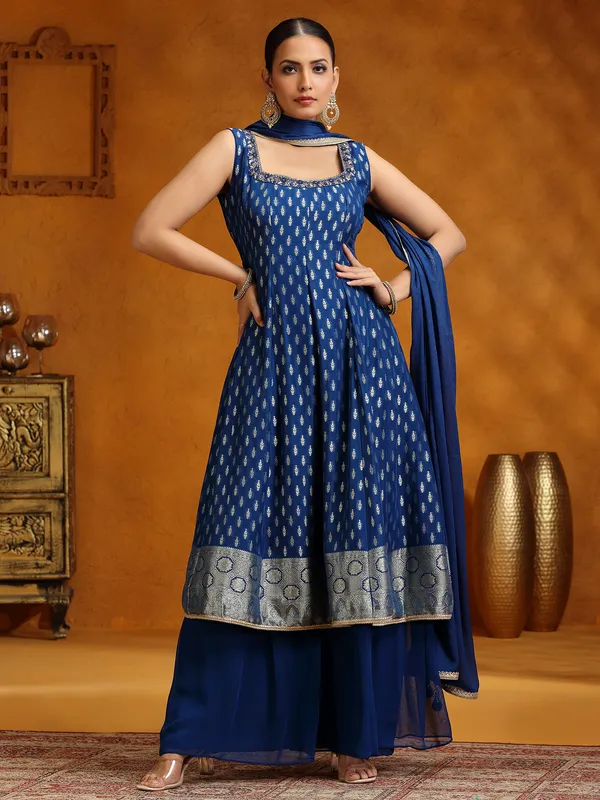 Blue georgette zari weaving palazzo suit with dupatta