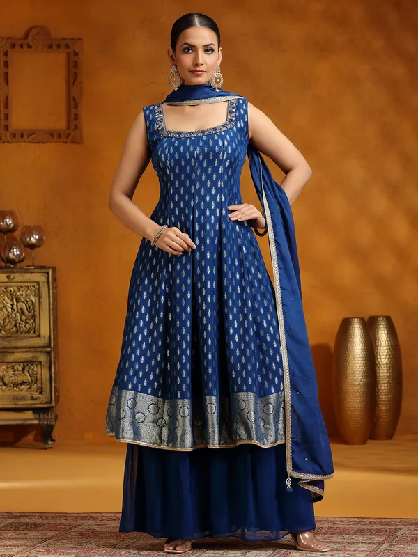 Blue georgette zari weaving palazzo suit with dupatta