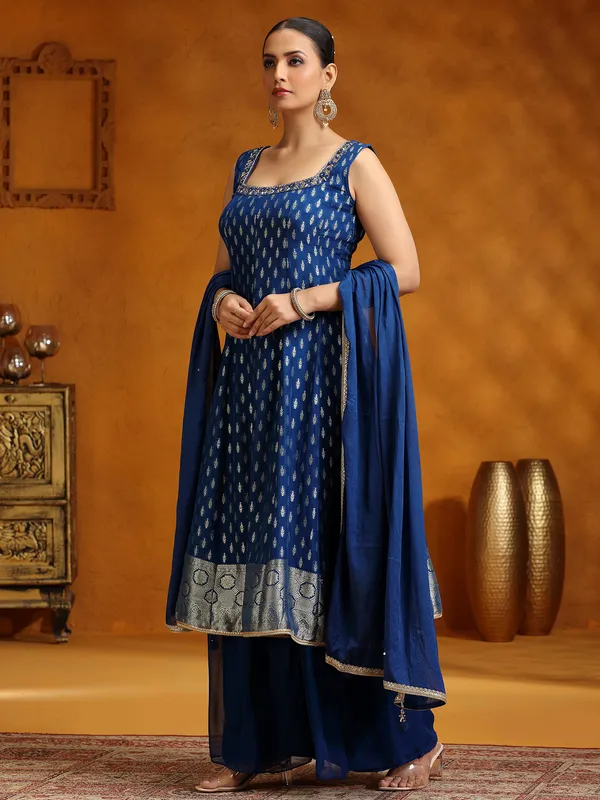 Blue georgette zari weaving palazzo suit with dupatta